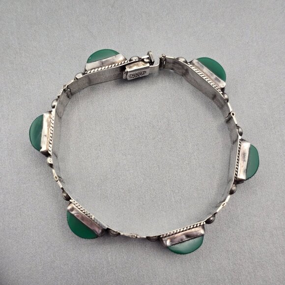VTG RRA Mexican Sterling Silver Green Onyx Panel Link Bracelet 7" Rope Detail 40 - Picture 6 of 16